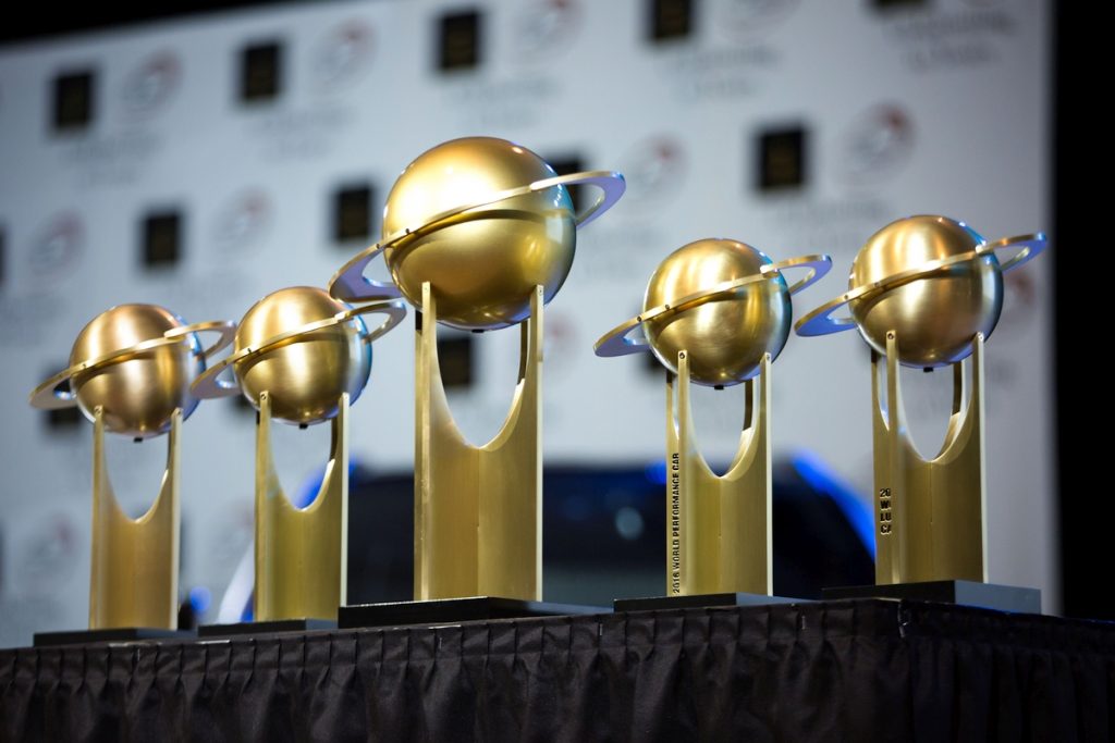 The trophies at the World Car of the Year Awards at the Javits Center in Manhattan, NY March 24, 2016. (Photo: Kevin Hagen)
