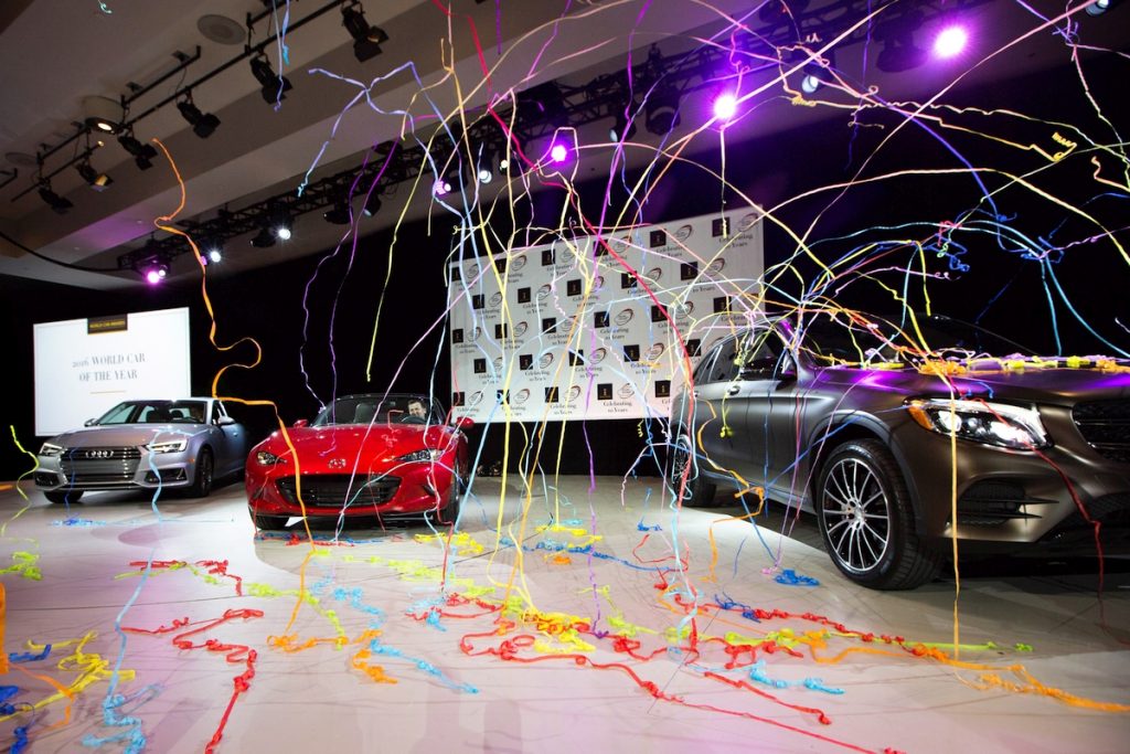 Streamers as the overall winner was announced during the World Car of the Year Awards at the Javits Center in Manhattan, NY March 24, 2016. (Photo: Kevin Hagen)
